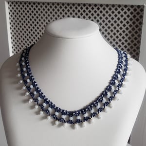 Women's Pearl Choker Necklace White CRYSTAL Blue and Gold MIYUKI Seeds Handmade Weaving Clasp and Chain Stainless Steel Gold Plated Fine Gold Jewelry