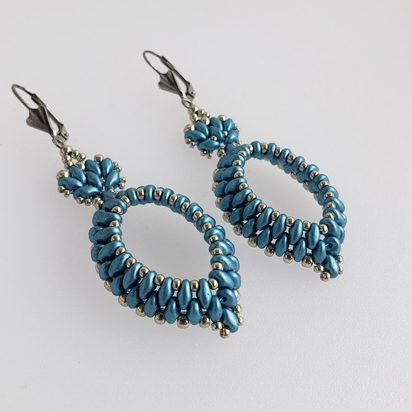 Boucle d'Oreille Pendante Bleu METALLISE Femme tissée a la main en Perles SUPERDUO et Rocaille de MIYUKI Argente Dormeuse en Acier Inox 314L