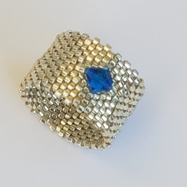 1 Spinning Top in Pure CRYSTAL of 6 mm Blue DELICAS seed ring by MIYUKI silver Hand-woven Fancy Ring