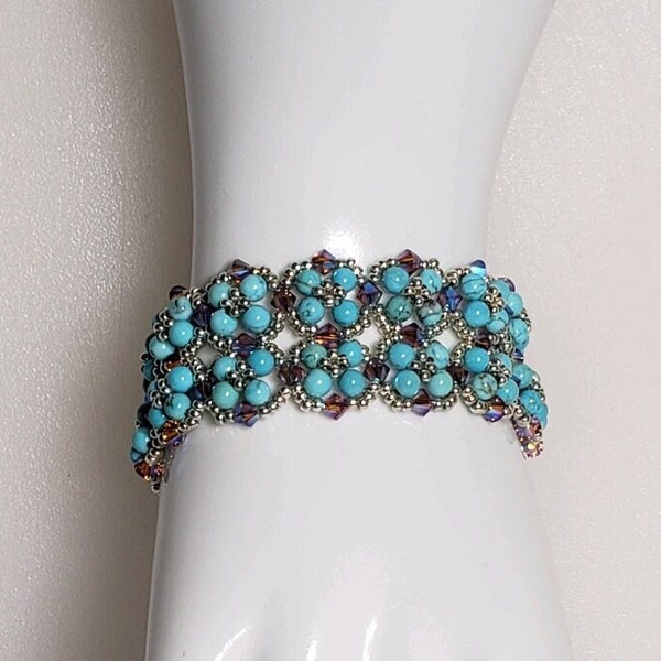 Bracelet  CRISTAL Perlé Femme, Turquoise, Fait Main, Bracelet tissé Manchette Bohème Bijou.