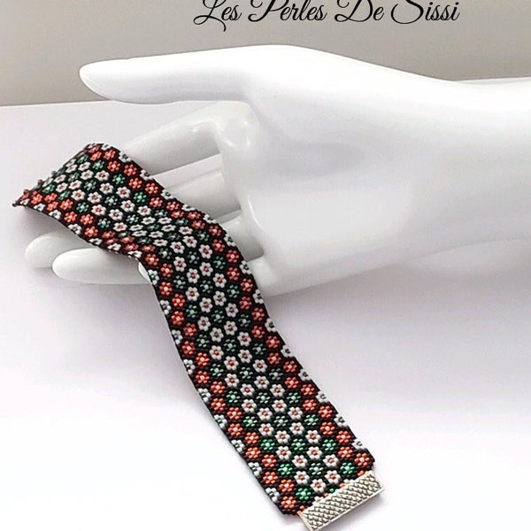 Bracelet Perlé Femme Bracelet Fleur Orange Verte Blanche fond Noir Fait Main Tissage PEYOTE Bracelet rocaille MIYUKI Manchette BOHO Bijou