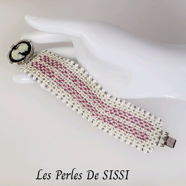 Bracelet Femme nacré Blanc Brodé en Perle JADE Rose Bracelet Fantaisie Fait Main en rocaille MIYUKI CAMEE résine et cristal Manchette Chic