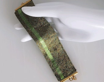 Women&#39;s Beaded Cuff Bracelet Handmade Peyote Seed Bead DELICAS MIYUKI Metallic Effect Green with reflections Stainless Steel Clasp Jewelry.