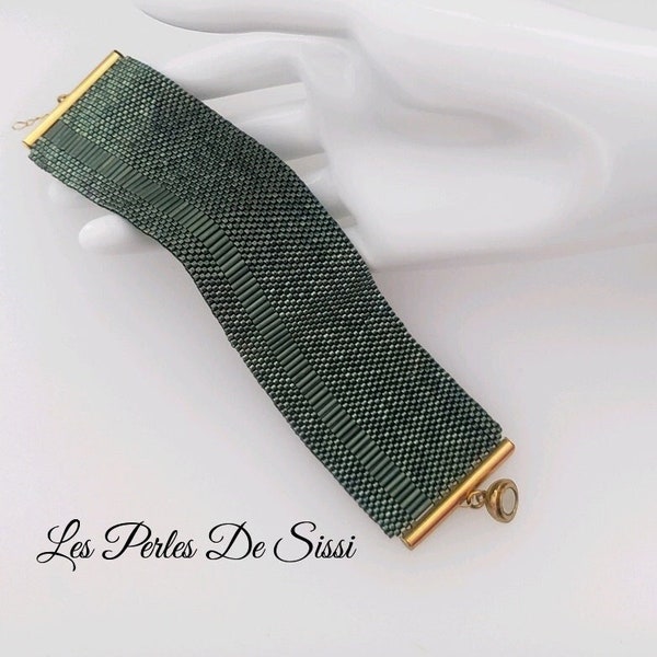 Bracelet Perlé Femme Bleu/Vert Fait Main au Point PEYOTE en Rocaille Métallique DELICAS MIYUKI et Perle Tube Manchette Bohème