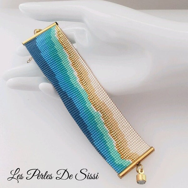 Women's Blue and Gold Woven Bracelet Handmade Beaded Bracelet on Rocailles Loom DELICAS by MIYUKI BOHEME Cuff