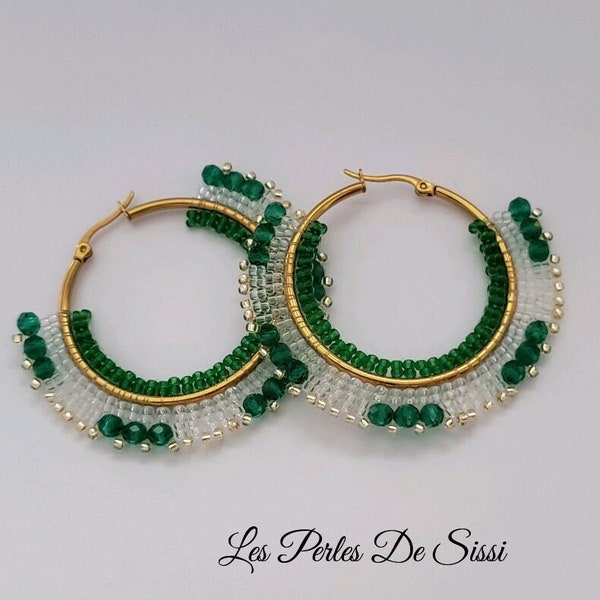 Boucles d'Oreilles Créoles Lobes Femme Perlées Fait Main MIYUKI Transparente CRISTAL Vert Emeraude BOHO Chic. Bijoux élégant