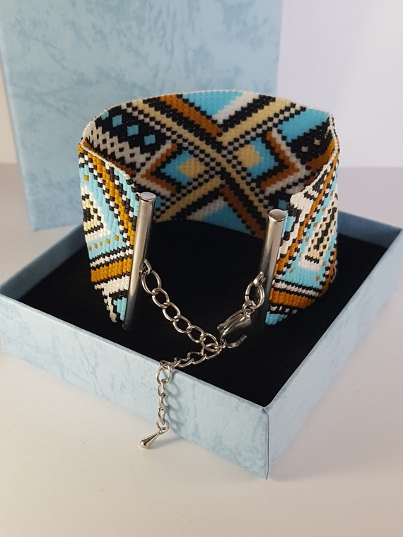 Bracelet Miyuki Woman Man Made on Loom Adjustable Clasp in Stainless Steel Cuff Aztec Style Trendy Fashion