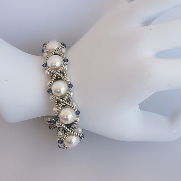 Bracelet Femme perle nacrée Blanche en CRYSTAL  facette et rocaille MIYUKI Fait Main Fermoir aimanté Acier Inox Bracelet mode chic