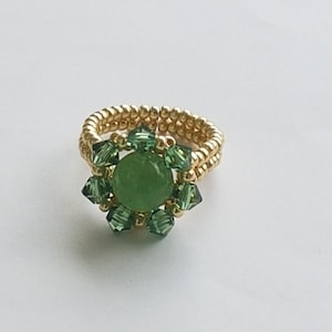 Anello da donna 1 AVVENTURINA da 8 mm al centro e 7 trottole in Puro CRISTALLO Anello seme Erinite MIYUKI Anello intrecciato a mano