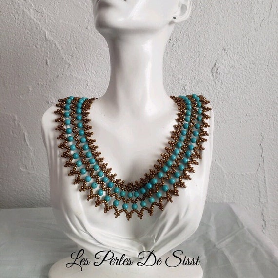 Collier Perles Imitation Turquoise - Vintage - Occasion