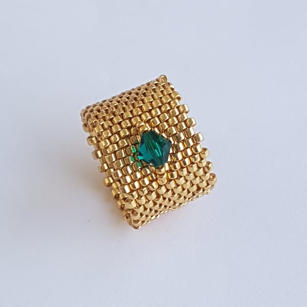 Women's Beaded Ring with 1 Emerald Green Spinning Top in Pure*CRYSTAL Handmade in DELICAS seed beads by MIYUKI gold