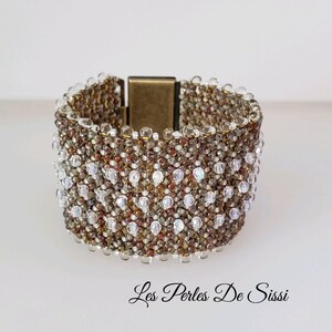 Bracciale da donna beige marrone trasparente con perline intrecciate a mano MIYUKI e CRISTALLO, chiusura fatta a mano con polsino BOHO gioiello.