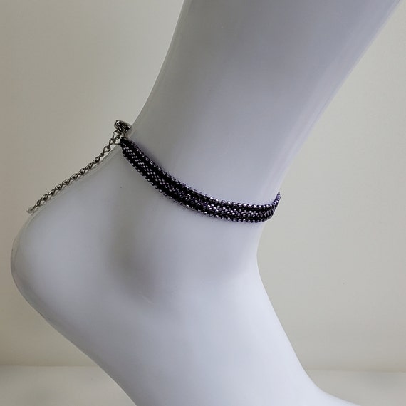 Bracelet Cheville Femme Lilas et Noir Fait Main Point Peyote en Rocaille DELICAS de MIYUKI Fermoir Réglable Acier Inox Bracelet BOHO Chic.