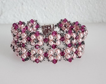 Handmade Fuchsia Pearl and Bicone Cuff Bracelet in Pure Crystal - Gift Jewelry for Women