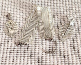 Verstelbare armband en oorbellen set voor dames, handgemaakt van zilveren kraaltjes van DELICAS MIYUKI, sieraden voor dames en heren.
