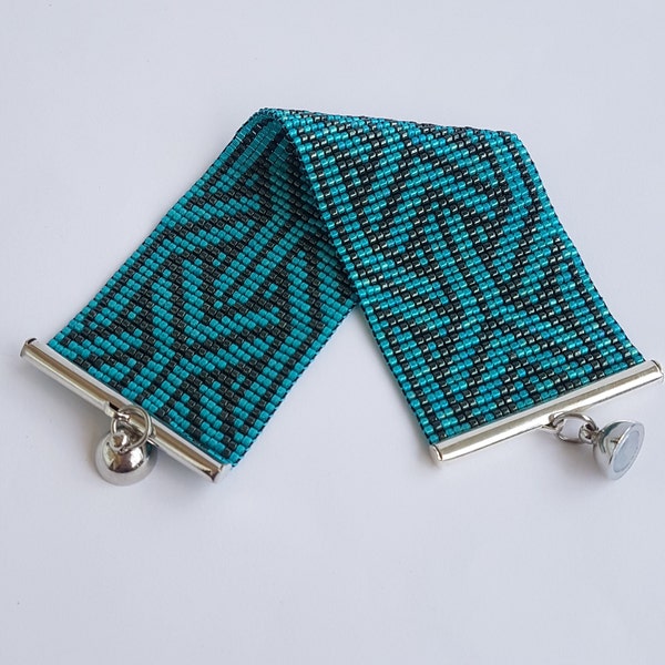 Beaded Bracelet, Women Men, Turquoise and Black, Customizable, Handmade on MIYUKI Rocaille Loom. BOHO Chic cuff.