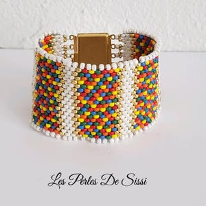 Bracciale rigido da donna in perle bianche e coriandoli, intrecciato in PEYOTE, fatto a mano con perline MIYUKI, gioiello BOHO con polsino rigido.
