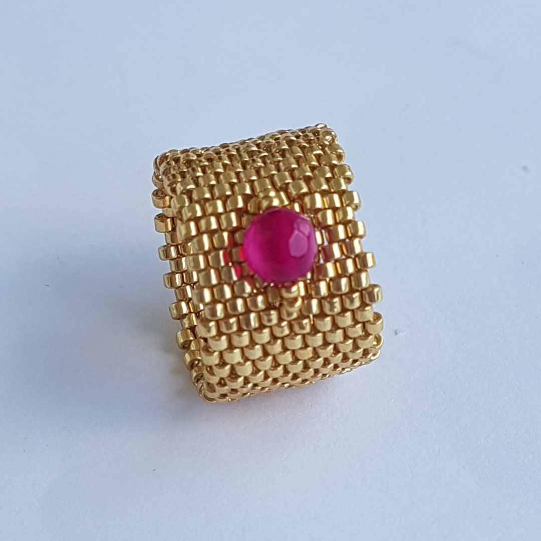 Beaded Golden Raspberry Beaded Ring for Women, a Raspberry-tinted Agate at the Center, Handmade ...