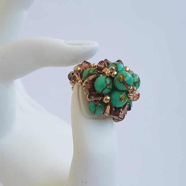 Bague CALCITE Verte Vague dorée Pierre NATURELLE et Toupies en Pur Cristal Topaze et Or et rocailles de MIYUKI Or Bague Femme Fait Main