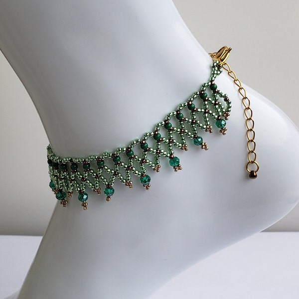 Bracelet de Cheville Perle de CRISTAL Vert Emeraude et Rocaille MIYUKI Vert et doré Fermoir réglable en Acier Inox Doré Bracelet Fait Main