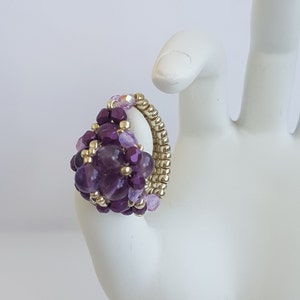 Anello AMETTHYSTE in pietra preziosa e sfaccettature Boho viola Anello in argento con semi MIYUKI Anello da donna fatto a mano