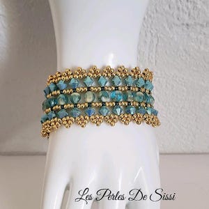 Women's Crystal Beaded Spinning Top Cuff Bracelet in Turquoise and Gold, Handmade Weaving with Melon and Miyuki Beads, Pure Crystal Cabochon Clasp