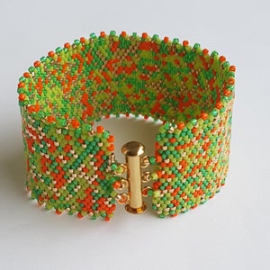 Bracciale rigido con perline da donna e da uomo, intrecciato MIYUKI, fatto a mano, PEYOTE, composizione di verde e arancione. Bracciale BOHO. Gioiello