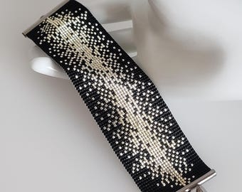 Black Silver Beaded Cuff Bracelet for Women and Men MIYUKI Seed Beads Handmade on Loom BOHO Cuff Jewelry Clasp Stainless Steel
