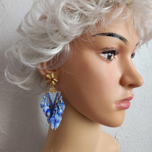 Blue and Gold Fringed Earrings in CZECH Beads Women&#39;s Jewelry Handmade Weaving in MIYUKI Seed Beads