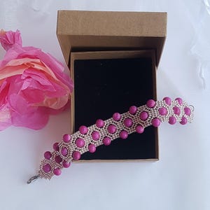 Beaded Cuff Bracelet with Frosted Pink Calcite Gemstone, Handmade with Miyuki Seed Beads, Stainless Steel Lobster Clasp