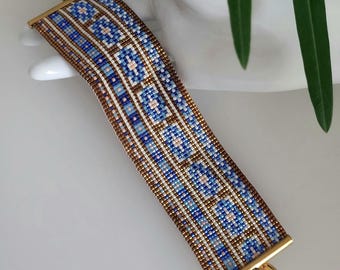 Beaded Cuff Bracelet Handmade on a loom with DELICAS MIYUKI seed beads in Blue Bronze and Pink Jewelry for Women or Men
