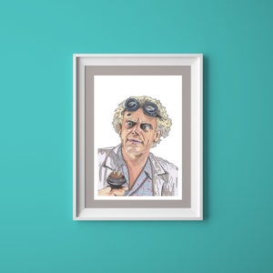 May include: A framed illustration of a man with white hair and a moustache wearing goggles and a white lab coat. He is holding a device in his hand.