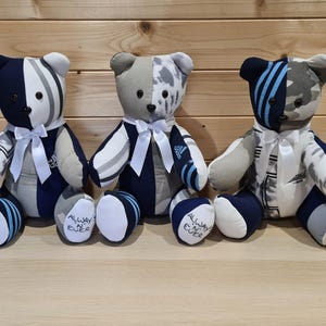 May include: Three handmade teddy bears with a patchwork design. Each bear has a navy blue and white color scheme, with a white bow tie and the text "Always & Ever" on the foot.