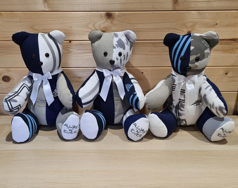 May include: Three handmade teddy bears with a patchwork design. Each bear has a navy blue and white color scheme, with a white bow tie and the text "Always & Ever" on the foot.