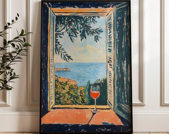 May include: A painting of a window with a view of a blue ocean and a small town. A glass of red wine sits on a ledge in front of the window.