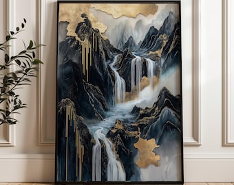 May include: Abstract painting of a mountain landscape with waterfalls and gold accents. The painting is in shades of blue, black, and gold.