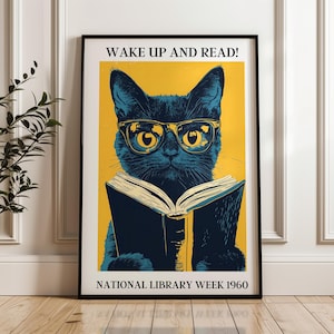 National Library Week 1960 Art Print - Reading poster, exhibition art print, cat art print, reading art print, book art print