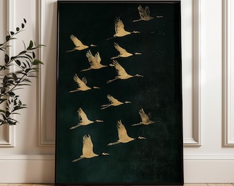 Golden Birds Wall Art - Green and Gold Nature Print