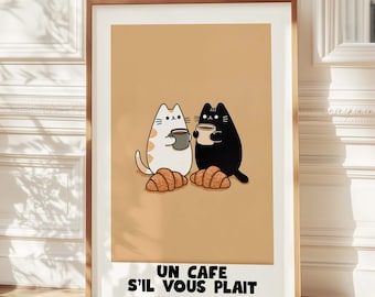 Cat Art Print: Cozy Coffee and Croissant - Framed or Unframed