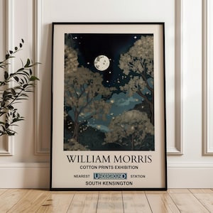 William Morris Inspired Night Sky Art Print - moon and stars print, william morris exhibition print, william morris art print, vintage art