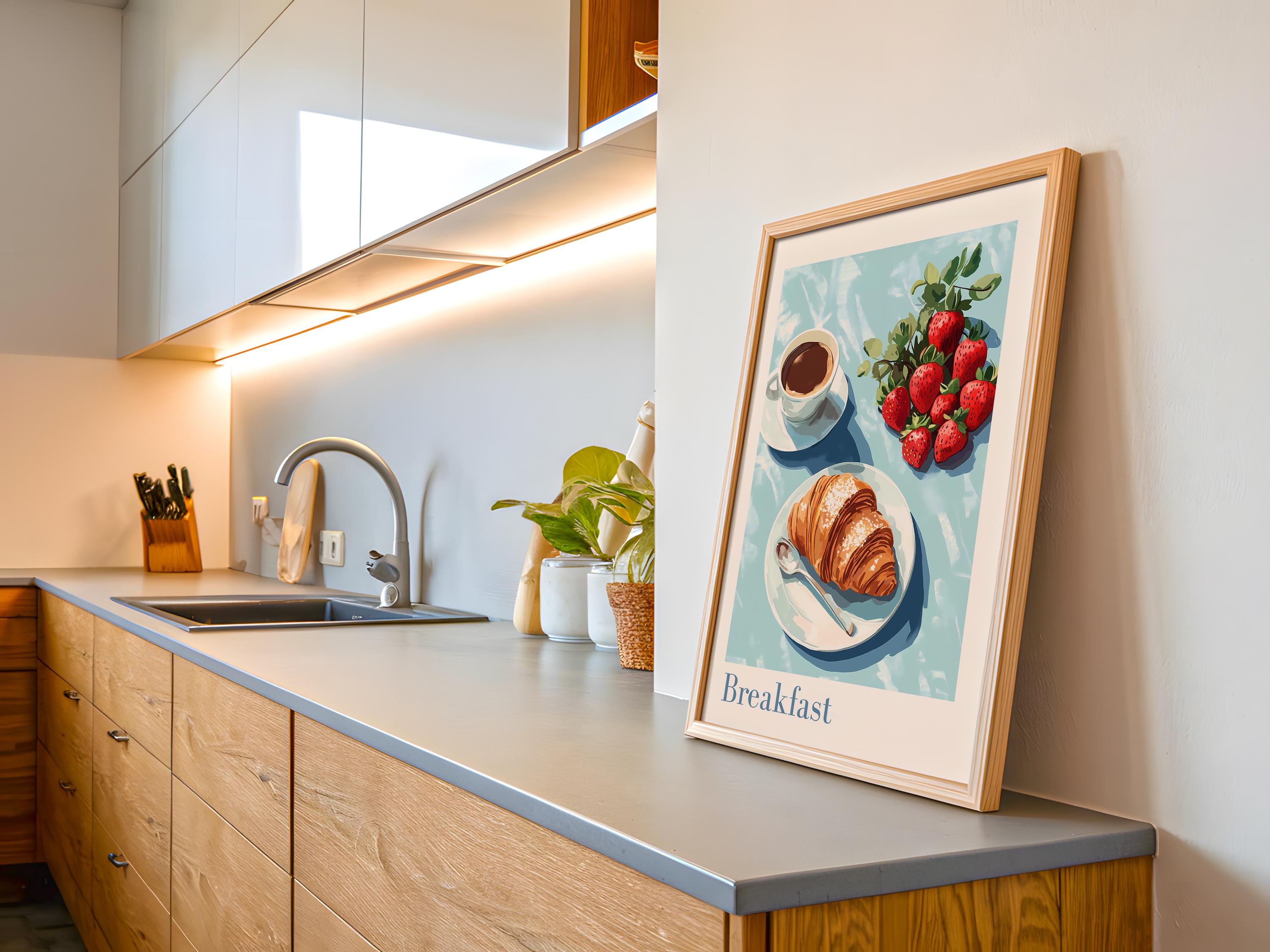 Breakfast Art Print - Kitchen Art Print, Croissant Wall Art, Coffee ...