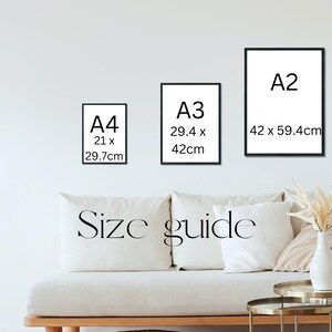 May include: Size guide for prints in A2, A3, and A4 sizes. The measurements are listed in centimeters. A2 is 42 x 59.4 cm, A3 is 29.4 x 42 cm, and A4 is 21 x 29.7 cm.
