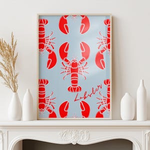 Lobster Art Print - lobster kitchen wall art, red art print, blue art print, food print, kitchen prints, kitchen wall art, sea food