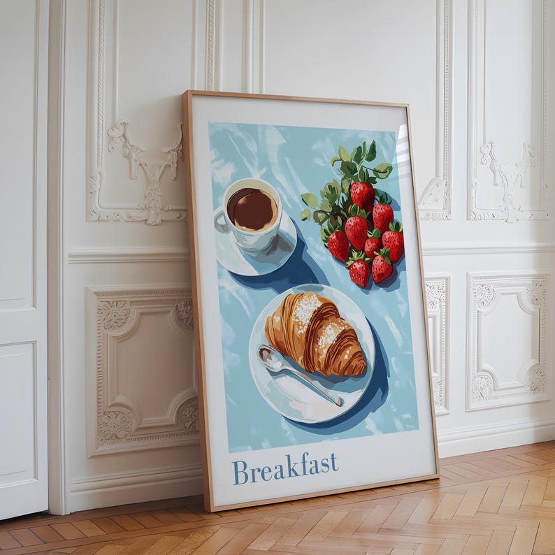 Breakfast Print Breakfast Art Print, Blue Croissant and Coffee (A4, A3, A2 Sizes) - Etsy