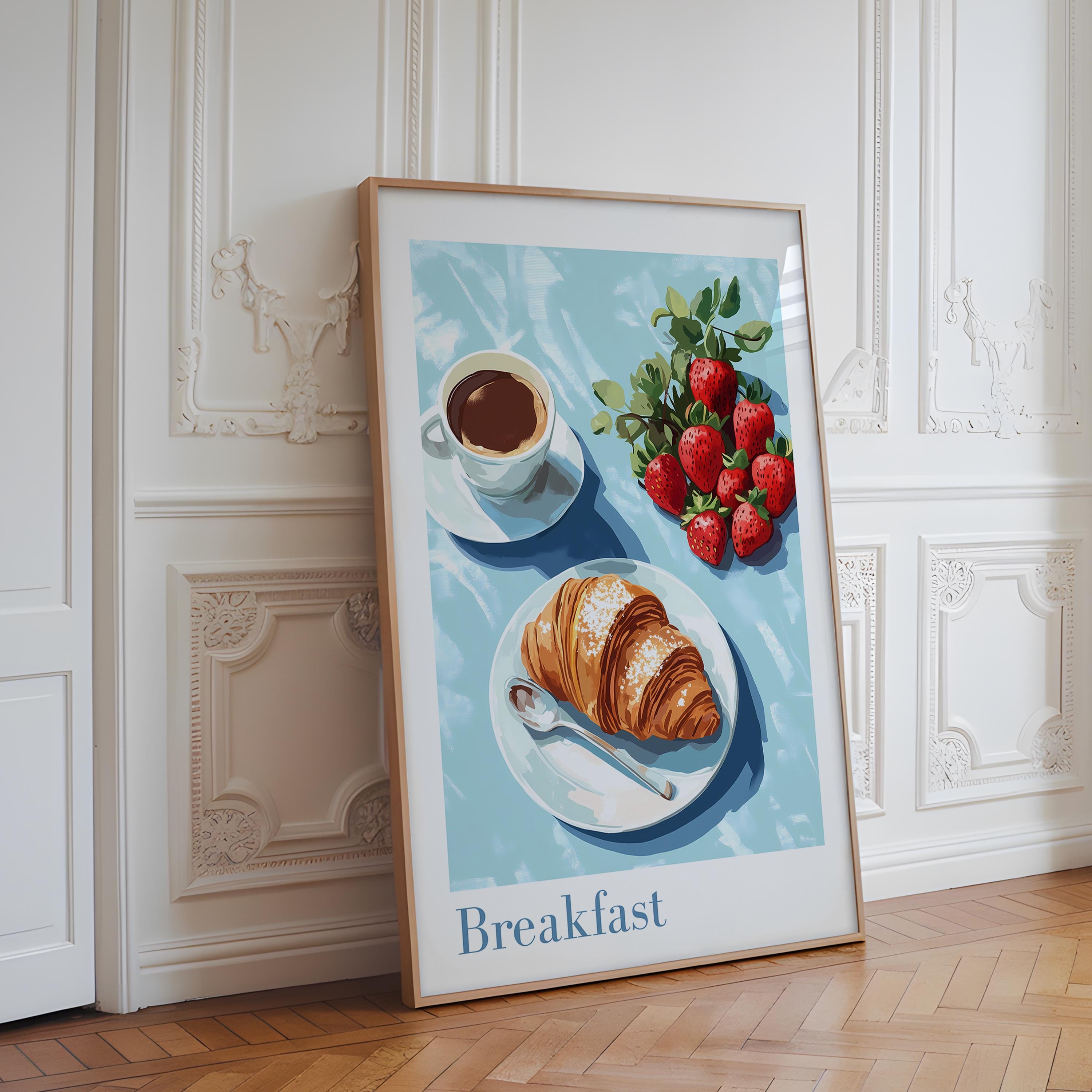 Breakfast Art Print - Kitchen Art Print, Croissant Wall Art, Coffee ...