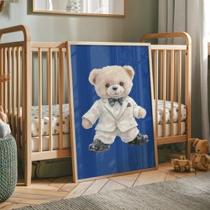 Pak teddybeer Art Print - oud geld kinderkamer, oud geld kinderkamer, teddybeer kunst aan de muur, marine art print, kunst aan de muur blauwe, kunst aan de muur blauw, inrichting blauwe kinderkamer