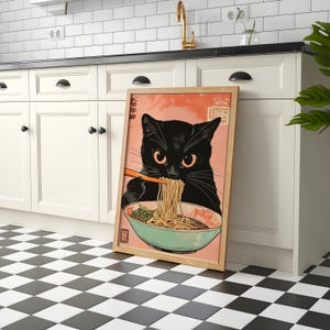 Ramen Cat Art Print - Kitchen Art Print, Vintage Cat Eating Ramen Wall Art Retro Japanese Poster Print Kitchen Decor Noodle Cat Illustration