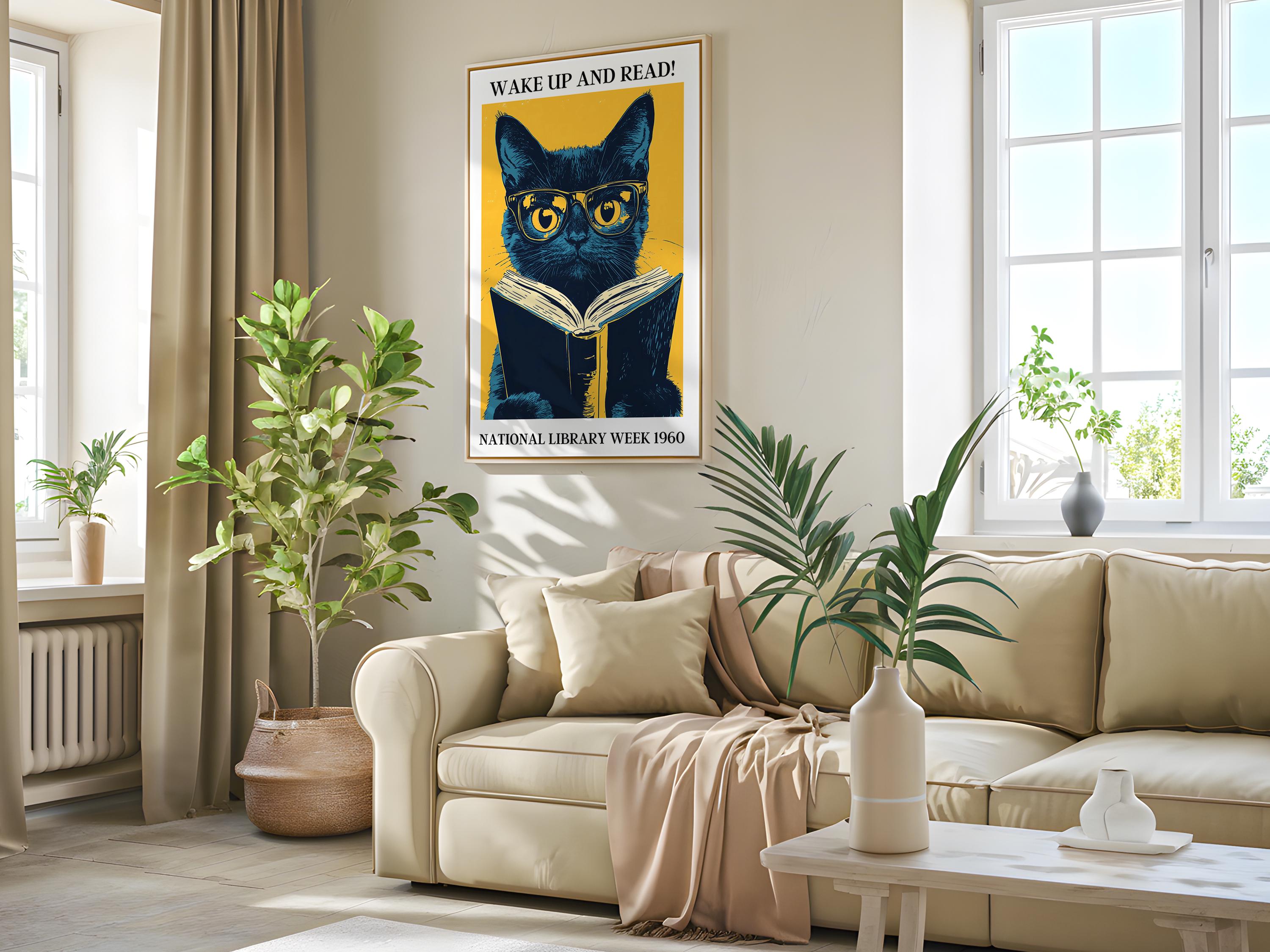 Vintage Cat Reading Poster: Retro Library Week Art Print - Etsy