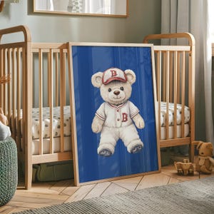 Navy teddybeer Art Print - vintage teddybeer, honkbal teddybeer prints, oud geld kinderkamer kunst aan de muur, marine kinderkamer kunstprint, blauwe prints