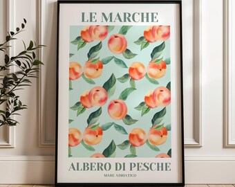 May include: A watercolor print featuring a pattern of peaches and leaves on a light blue background. The print has the text "LE MARCHE" at the top and "ALBERO DI PESCHE MARE ADRIATICO" at the bottom.